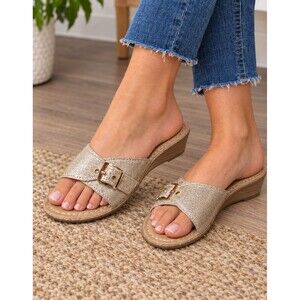GC Justina Sandals Wedge Gold Shimmery Color Adjustable Strap 8.5W